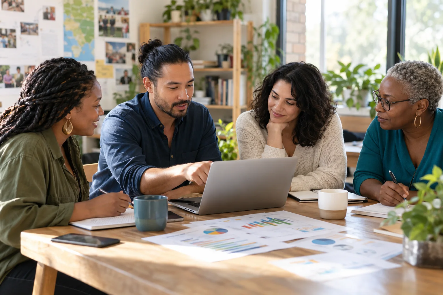 A nonprofit team reviewing community program progress together